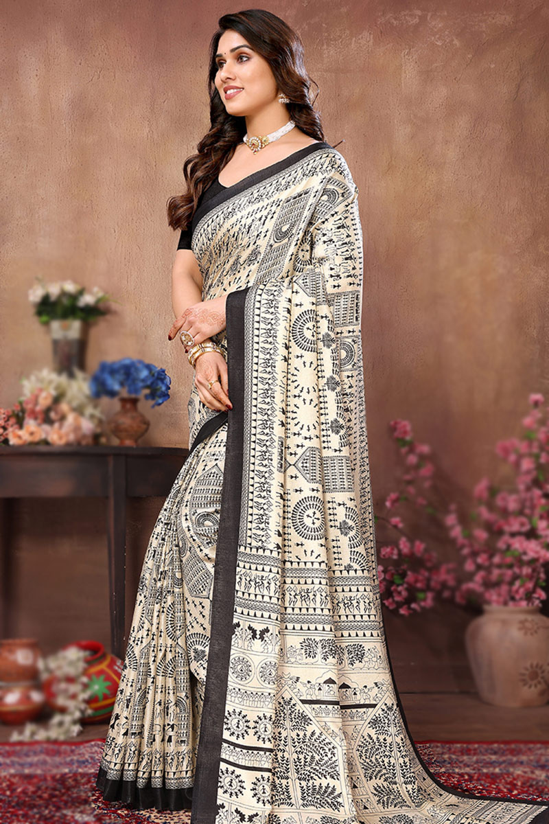 Cream Warli Printed Silk Light Weight Saree SARV173969