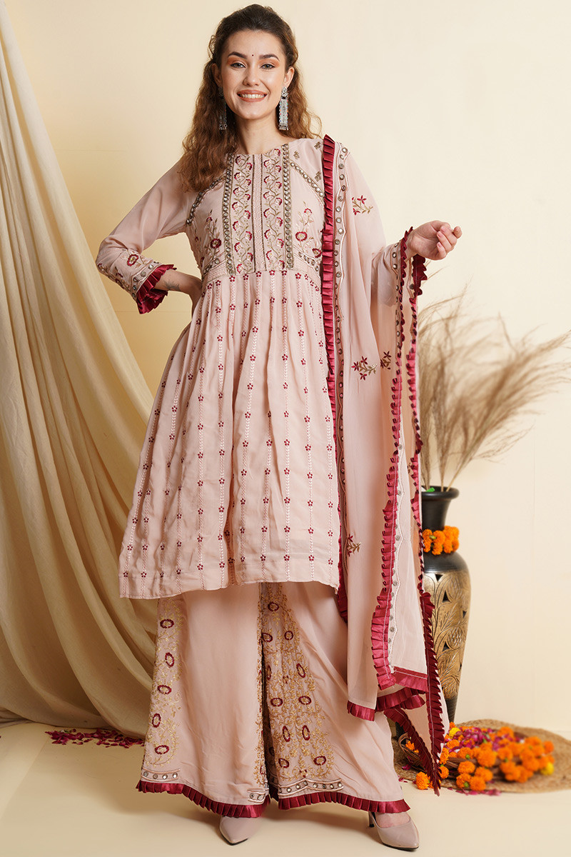 Creamy Pink Georgette Embroidered Frock Style Palazzo Suit LSTV126608