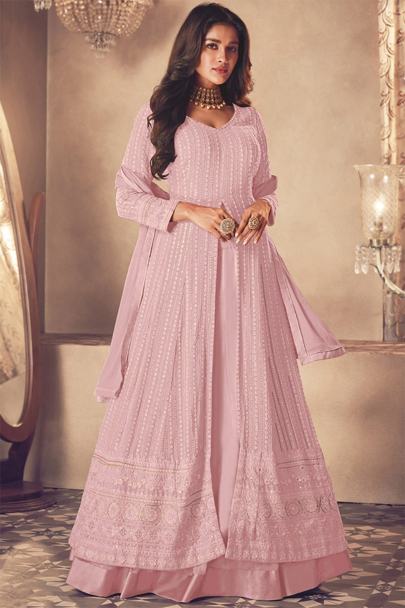 Creamy Pink Georgette Embroidered Front Slit Lehenga 