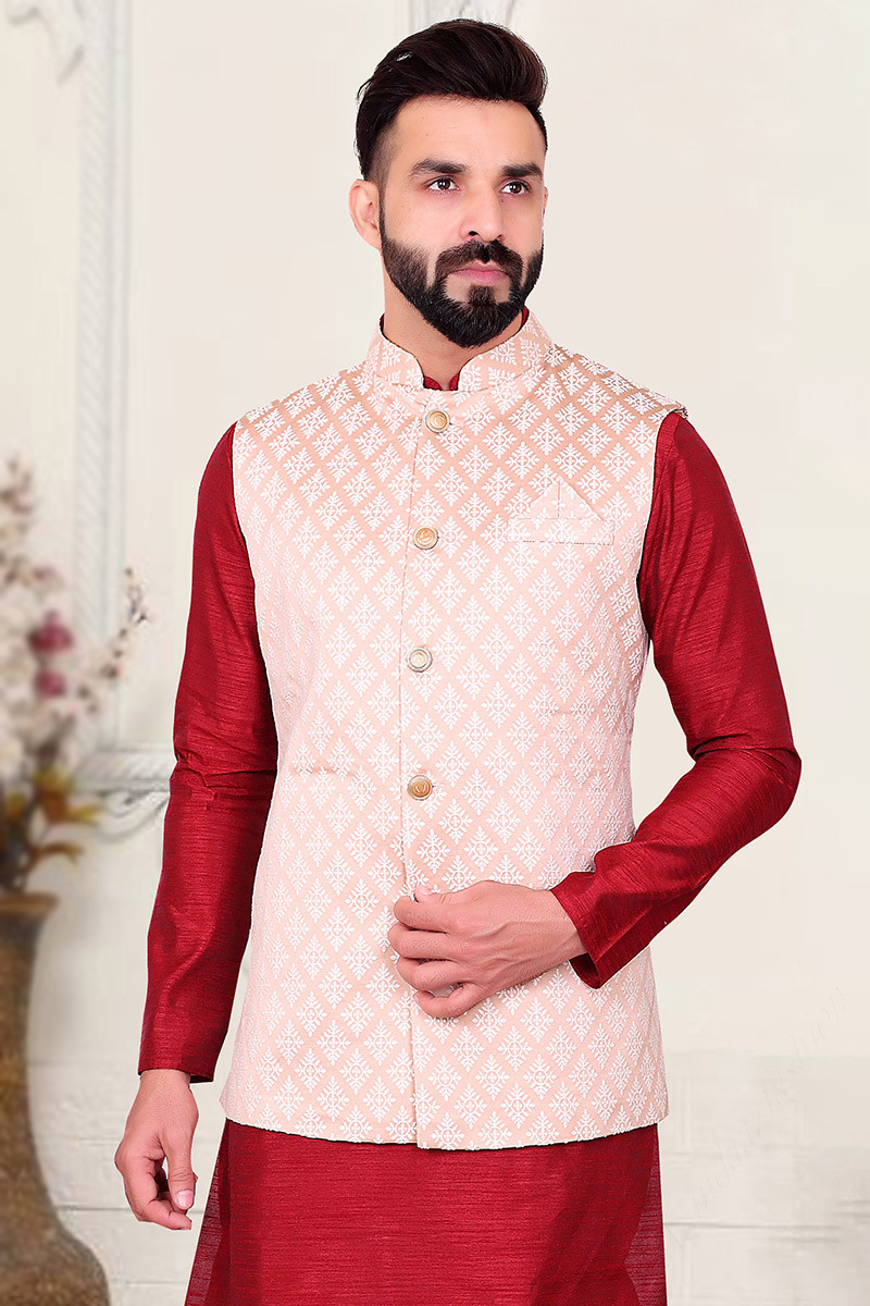 Buy Jacquard Creamy Pink Men s Nehru Jacket MWCV0104