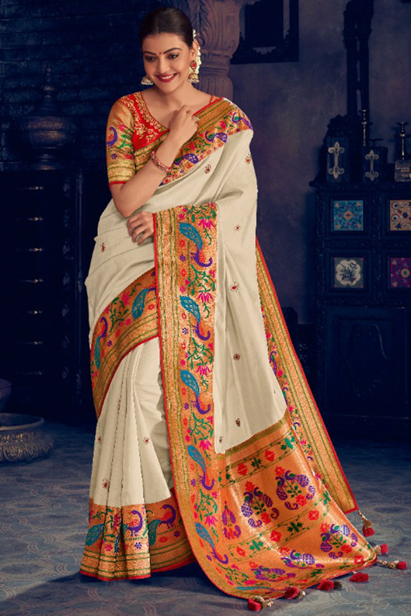 Weaving Silk Off white Saree with Blouse UK - SR25078
