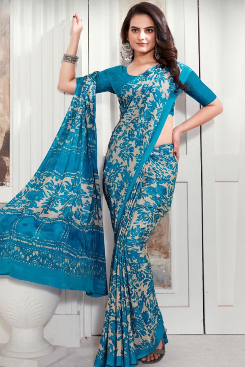 Crepe Beige Saree With Printed Work For Casual Wear