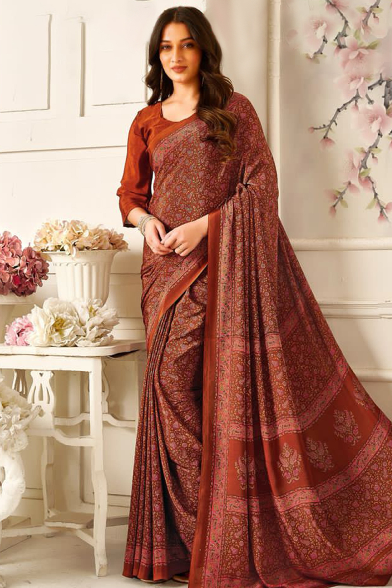 Crepe Brown Saree With Printed Work For Casual Wear