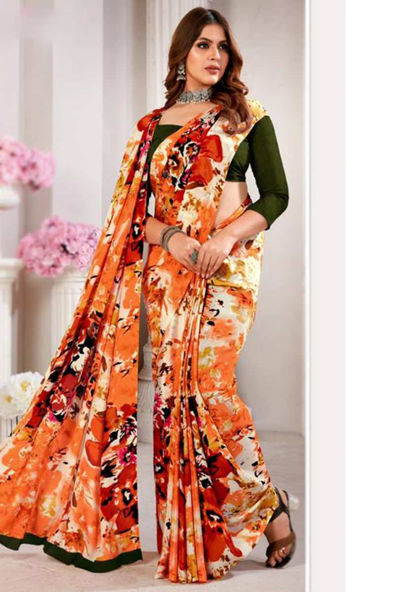 Crepe Carrot Orange Printed Light Weight Saree