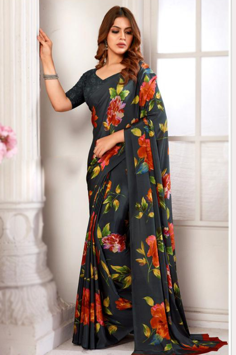 Crepe Charcoal Grey Printed Light Weight Saree