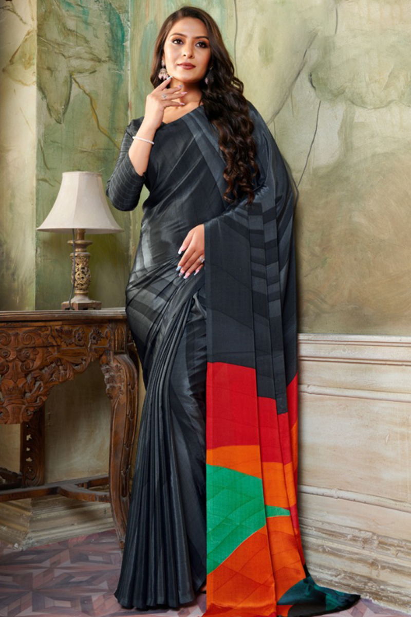 Crepe Charcoal Grey Saree With Printed Work For Casual Wear