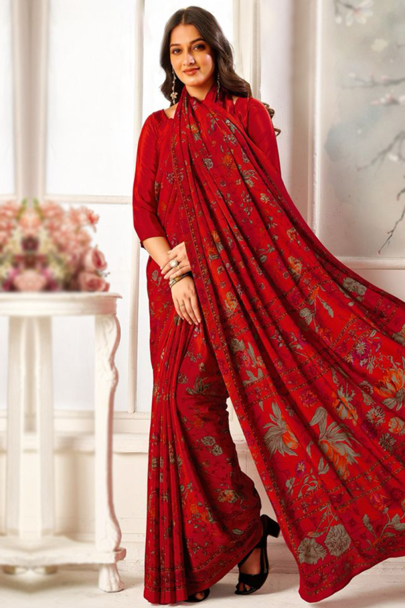 Crepe Cherry Red Saree With Printed Work For Casual Wear