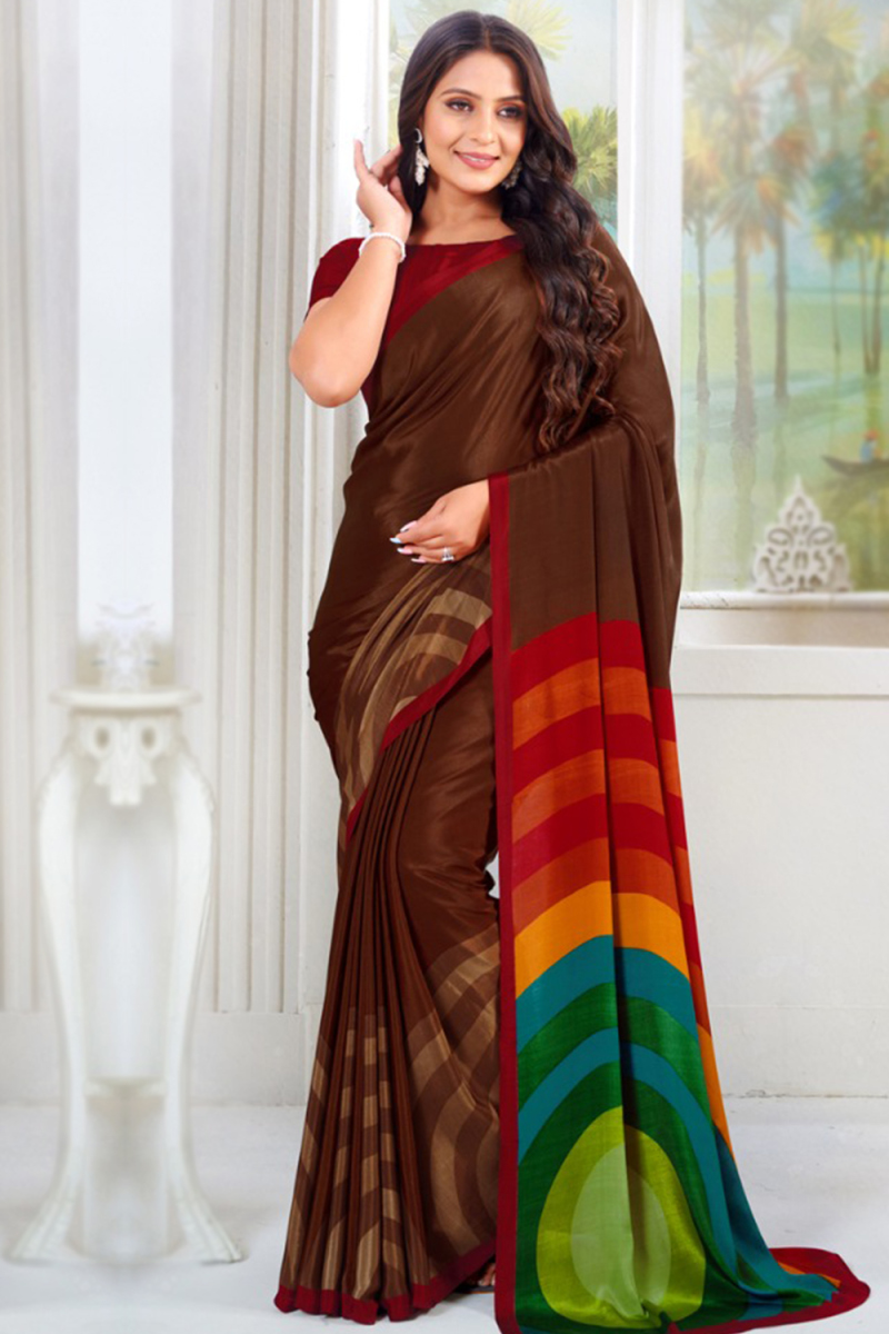 Crepe Dark Brown Saree With Printed Work For Casual Wear