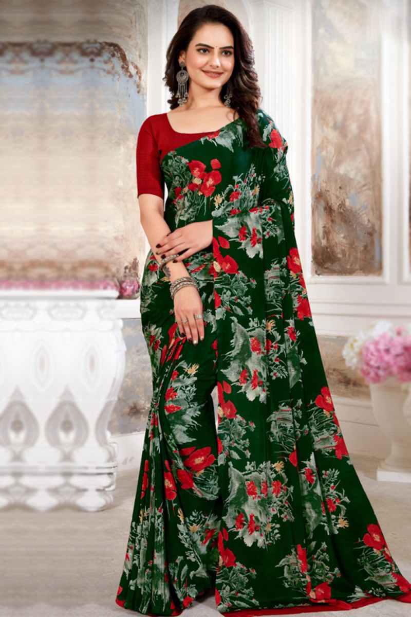 Crepe Dark Green Saree With Printed Work For Casual Wear