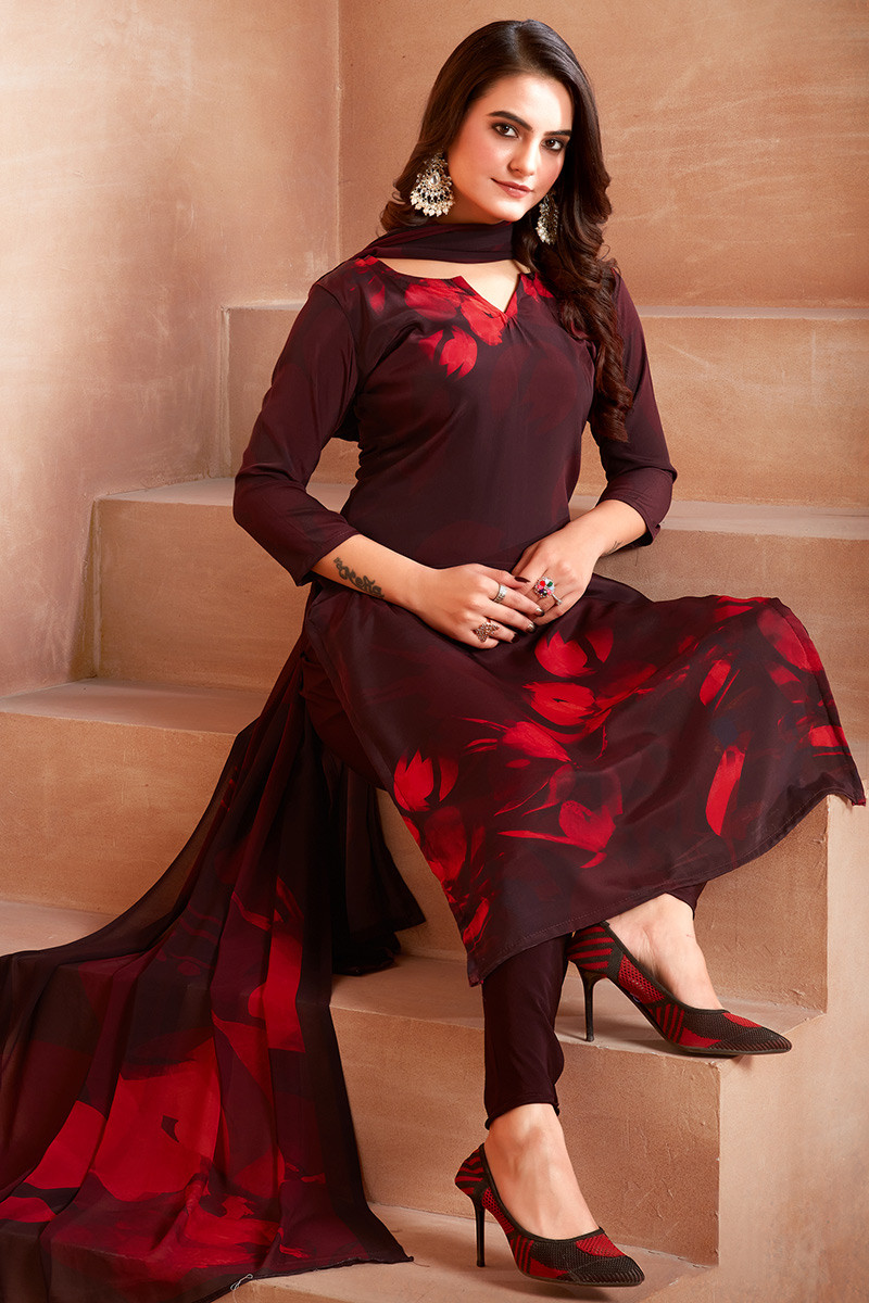 Crepe Dark Maroon Printed Casual Wear Suit With Legging LSTV127505