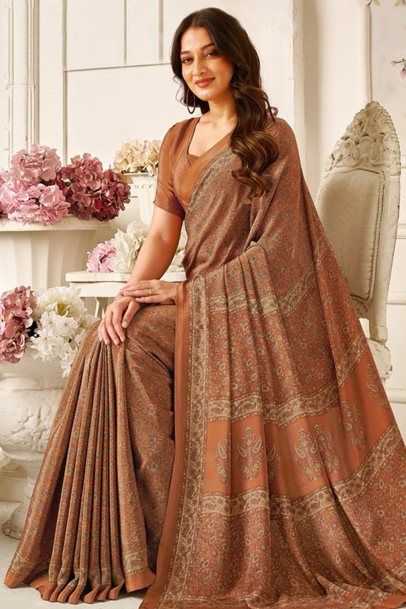 Crepe Light Brown Saree With Printed Work For Casual Wear