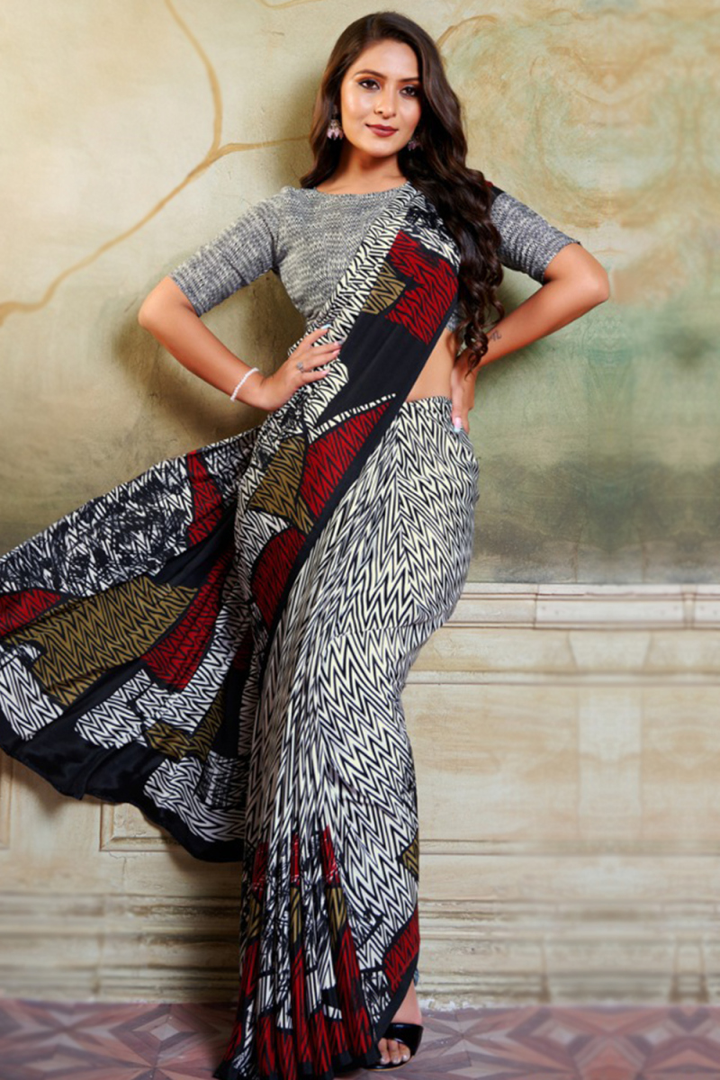 Crepe Light Grey Saree With Printed Work For Casual Wear