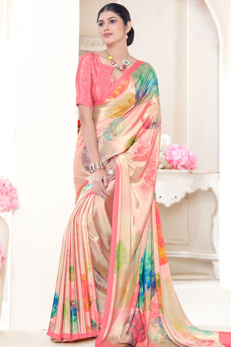 Crepe Light Peach Printed Light Wight Saree