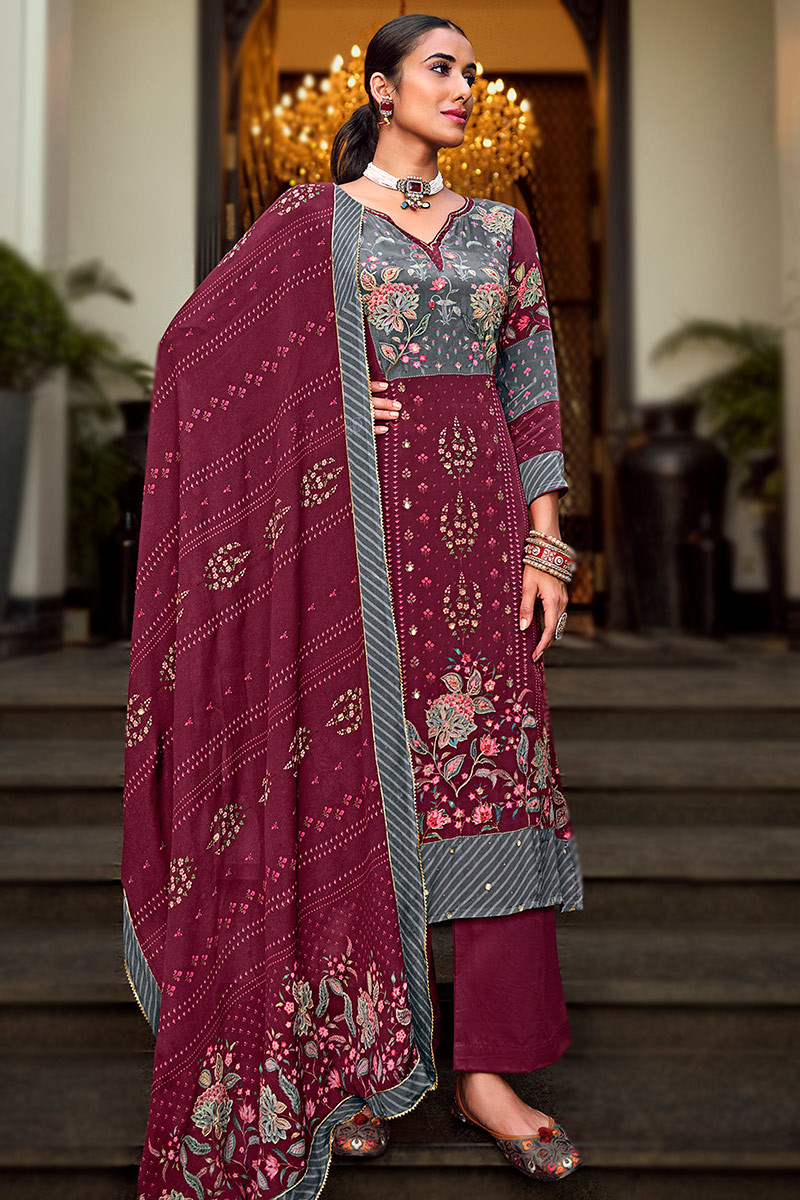 Crepe Plum Purple Printed Straight Pants Suit