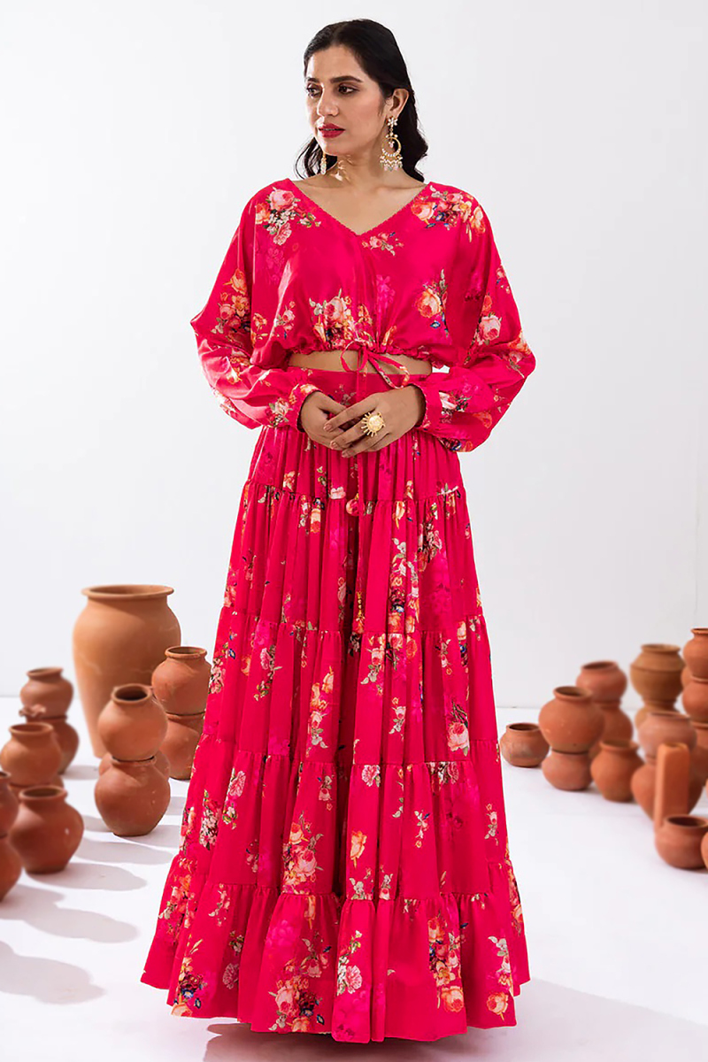 Crepe Ruby Pink Floral Print Ready to Wear Flared Style Lehenga