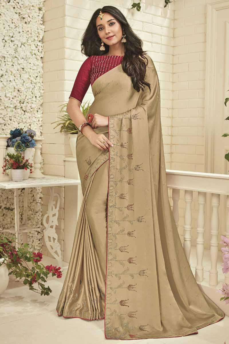 Buy SHOPAZ Women's Soft Satin Saree with Sequence Sequin Work Unstiched  Blouse (Wine) at Amazon.in