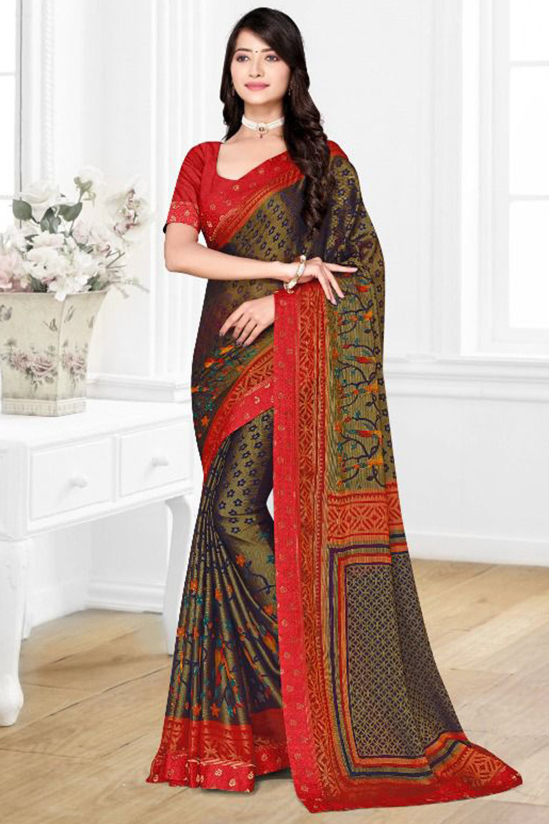 Green Brasso Printed Designer Saree -