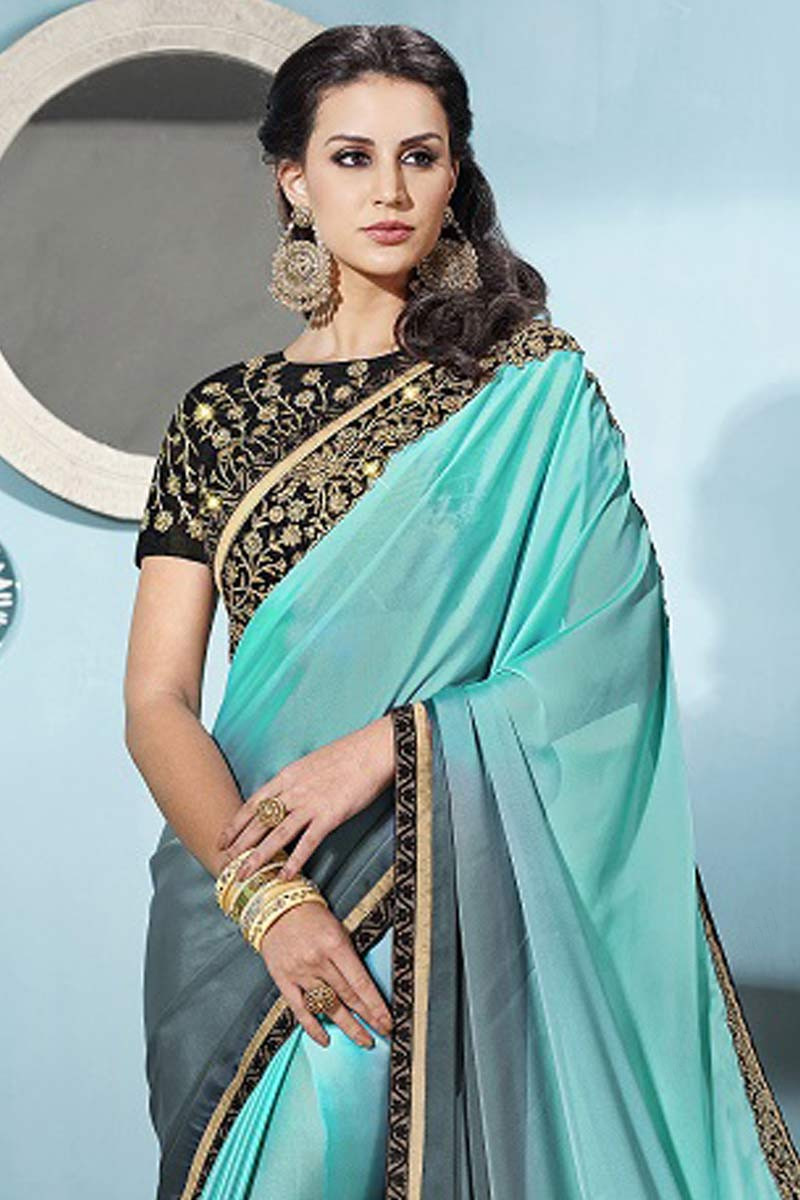 CYAN BEAUTIFUL RAW SILK SILK PRETTY SAREE - SHREE SAI TRADING - 4176757