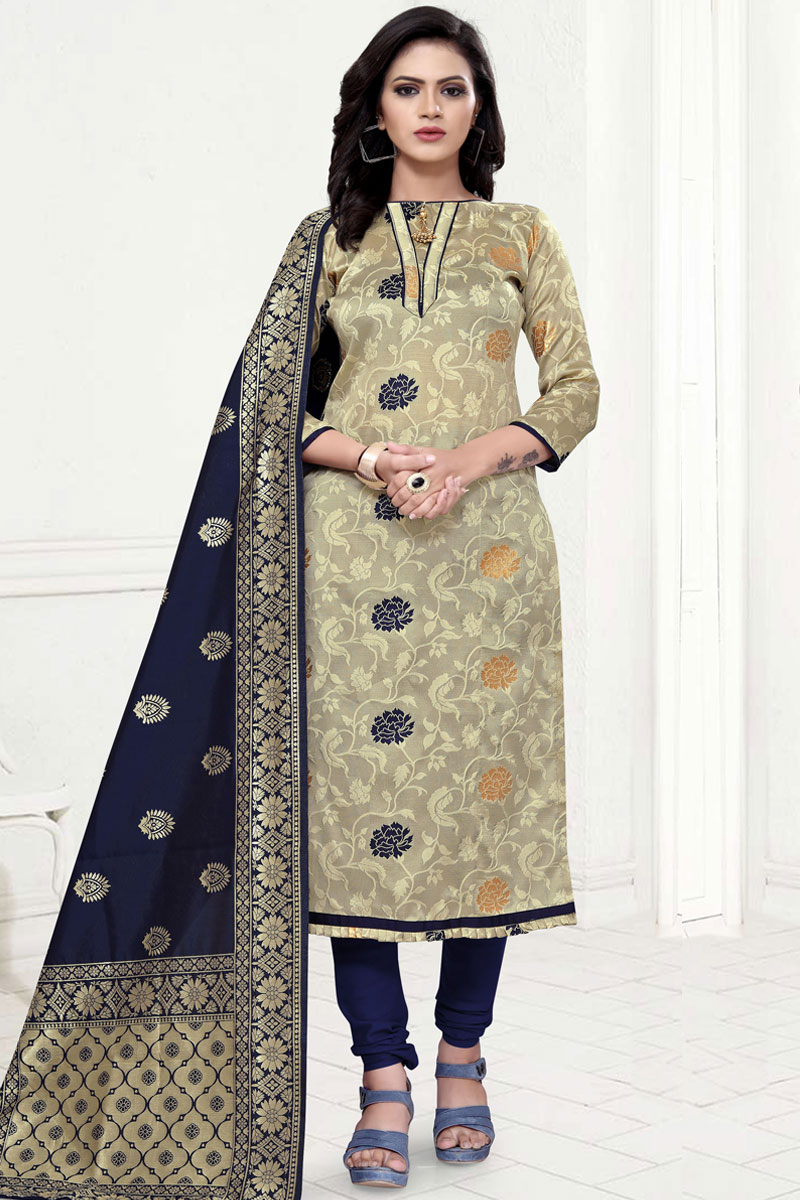 Brocade Dark Beige Zari Embroidered Party Wear Churidar Suit
