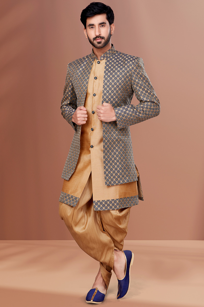 Dark Beige Dupion Silk Straight Cut Men Sherwani