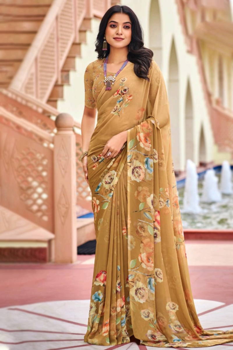 Dark Beige Georgette Saree With Print Work for Casual Wear