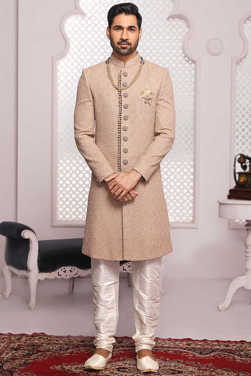 Dark Beige Georgette Straight Cut Men Thread Embroidered Sherwani With Churidar