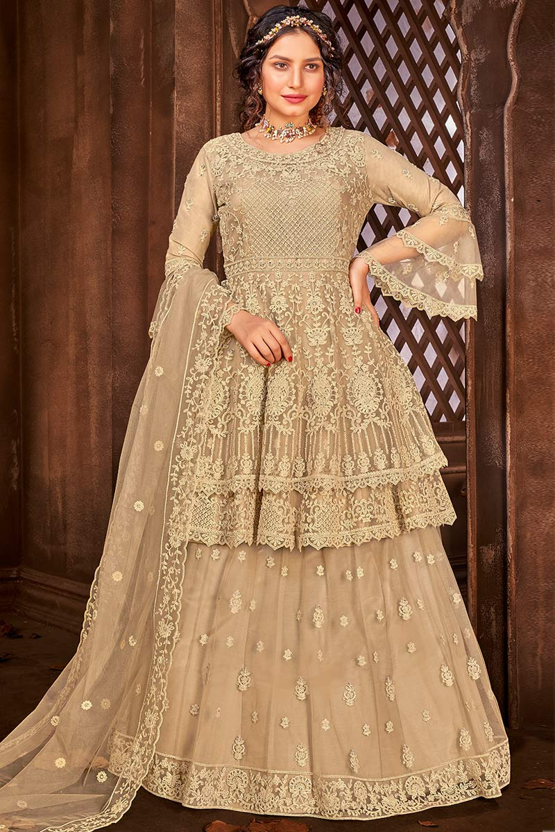 Dark Beige Party Wear Net Lehenga 