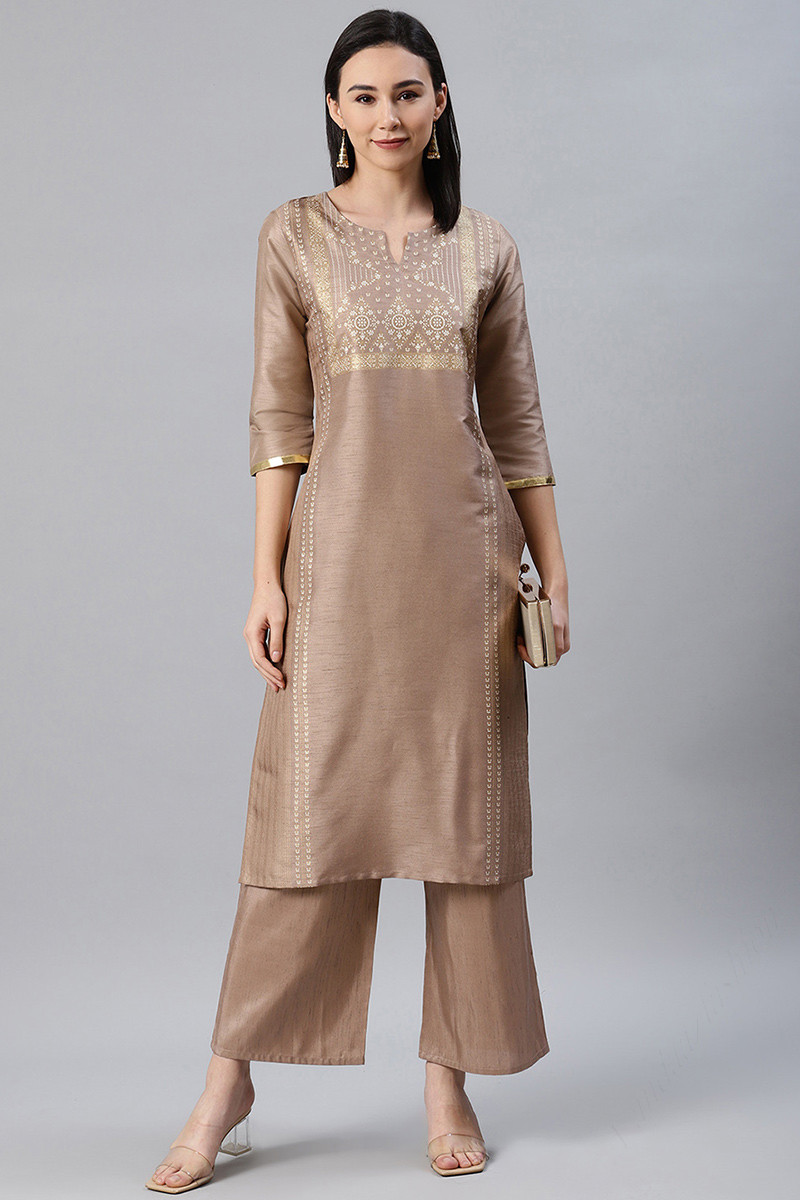 Buy Gorgeous Dark Beige Poly Silk Straight Cut Kurti LKV001702