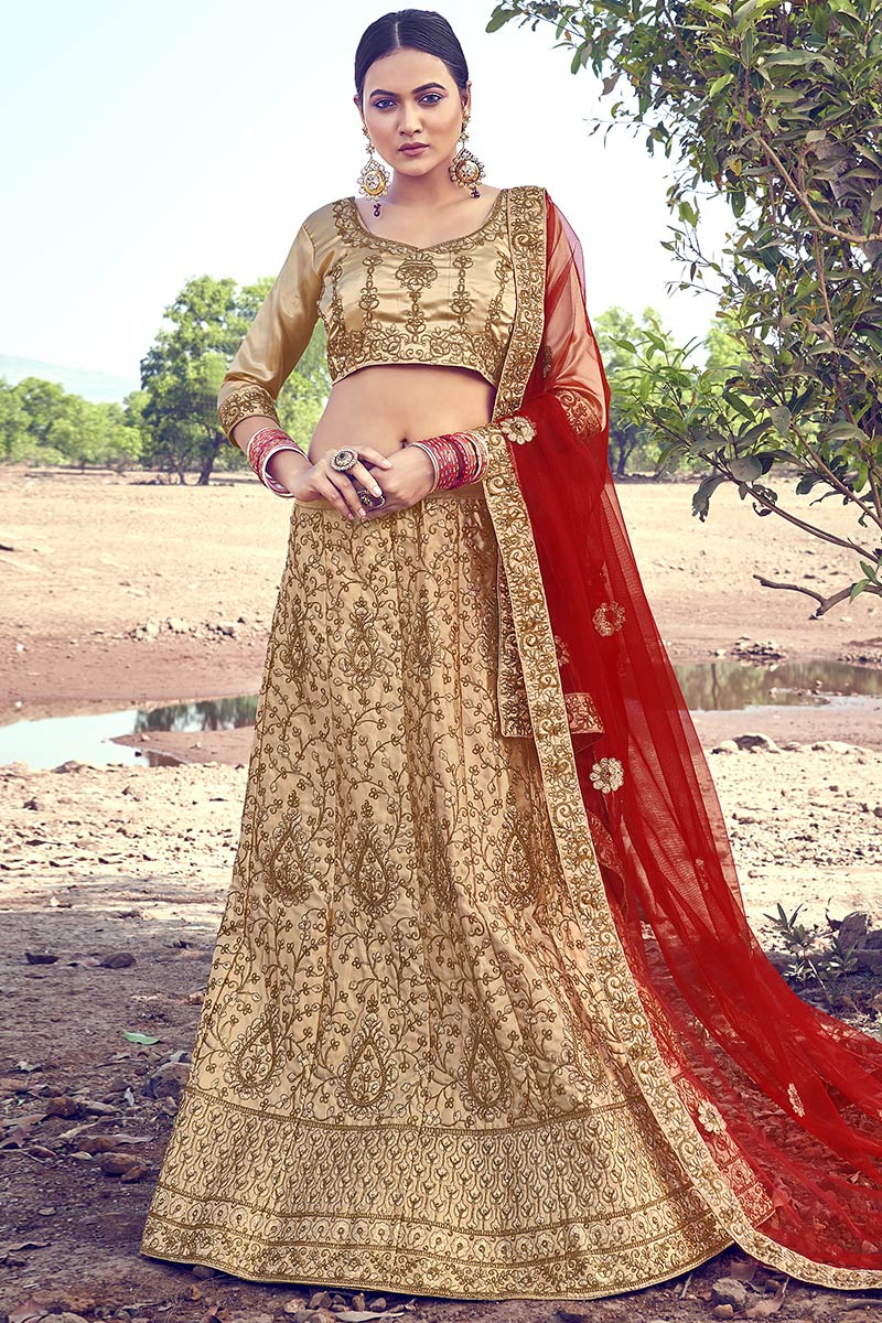 Satin Lehenga with Zari Embroidery in Dark Beige for Wedding 