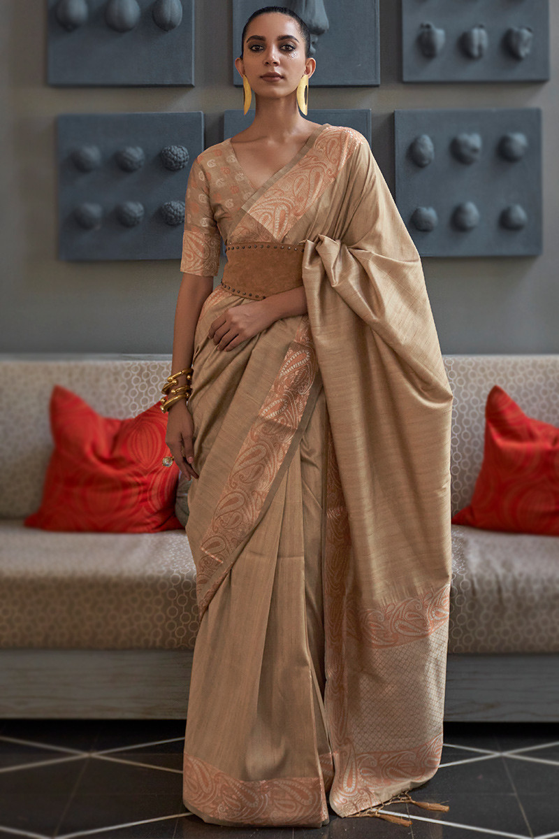 Classic Saree Stone Work Chiffon Satin in Beige