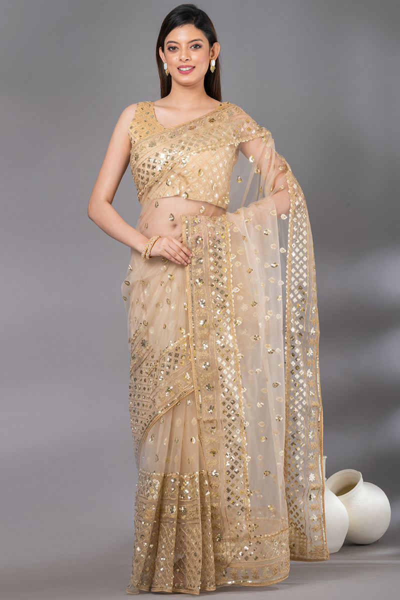 Dark Beige Sequins Embroidered Party Wear Net Saree