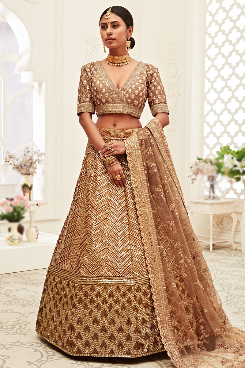 Dark Beige Sequins Embroidered Silk Lehenga For Engagement 