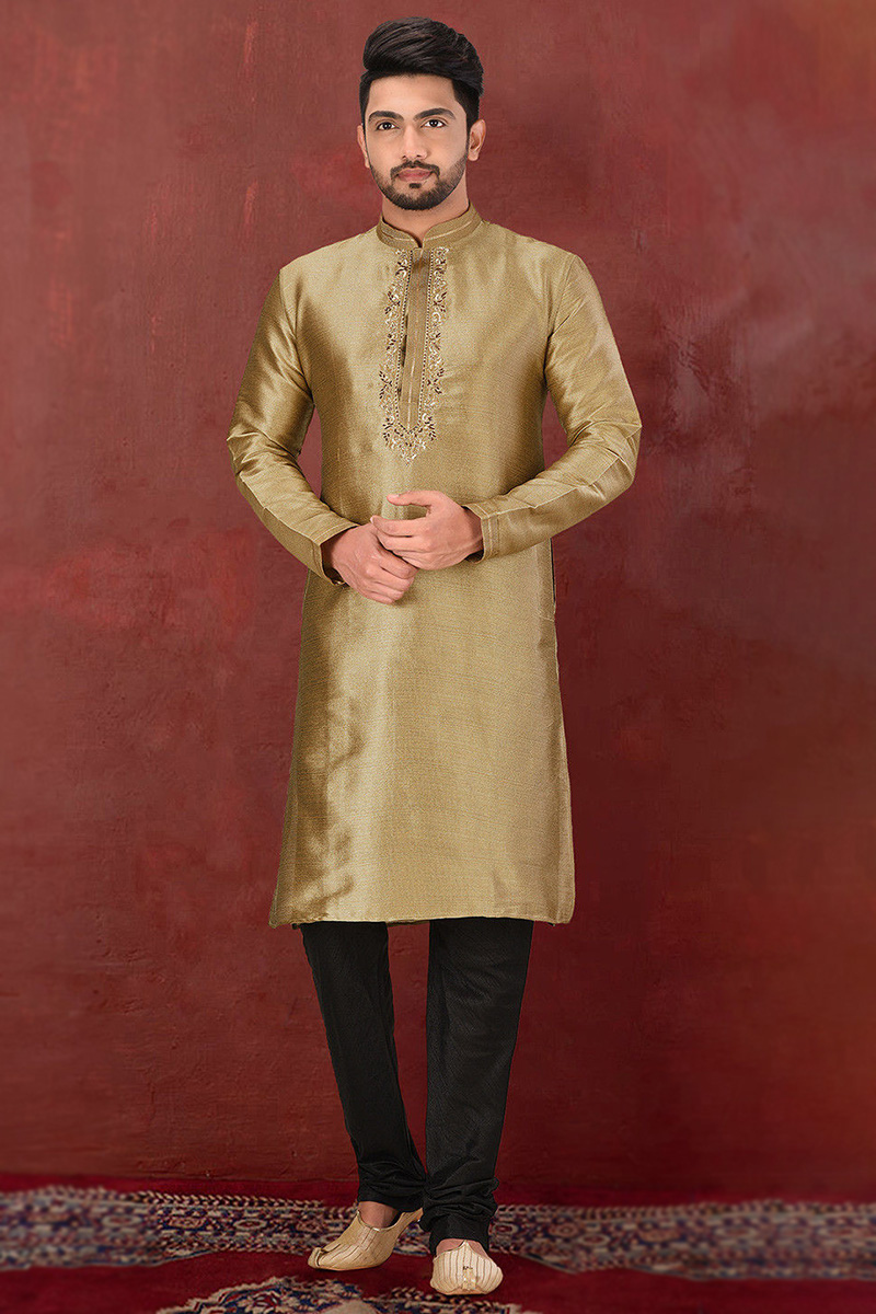 Dark Beige Silk Embroidered Men's Churidar Kurta 