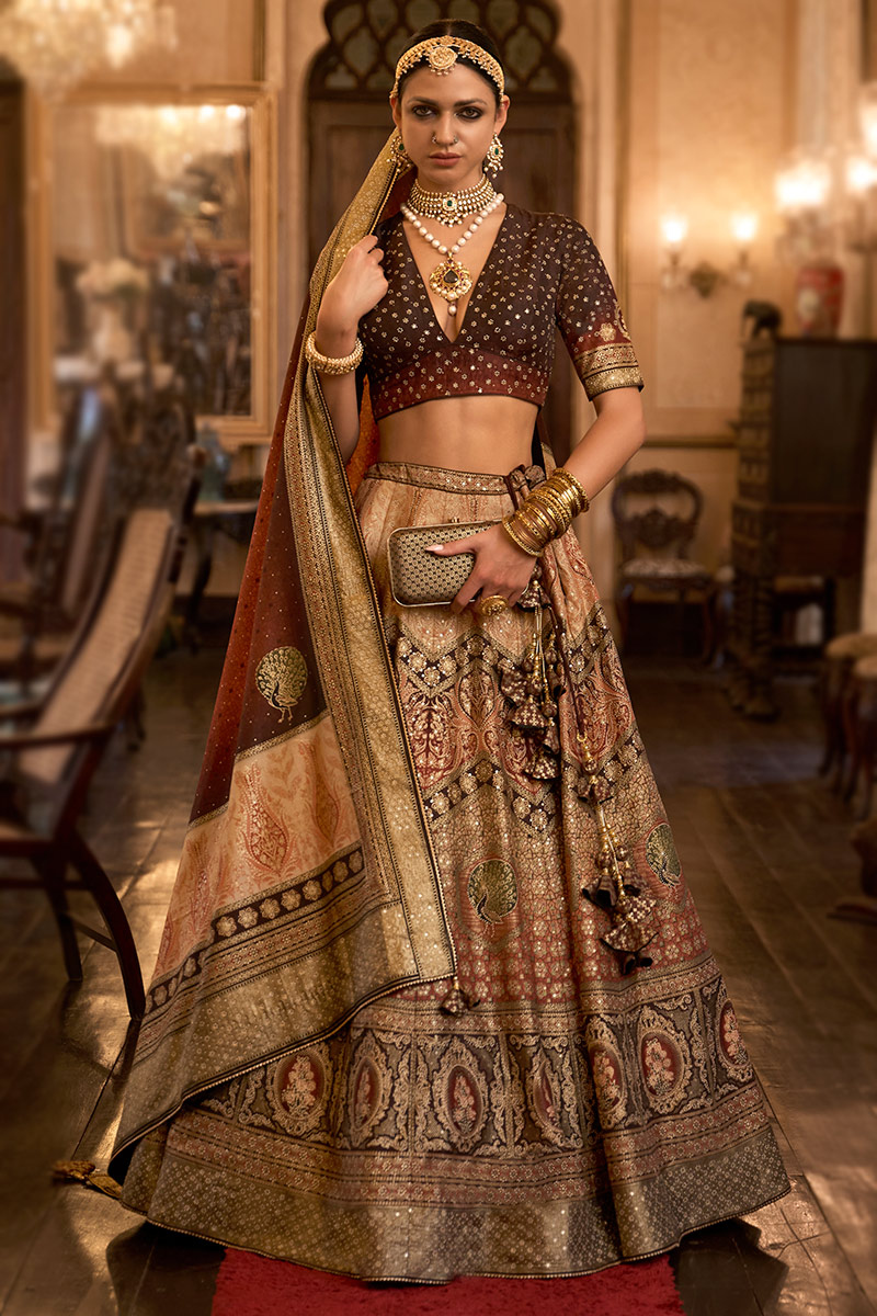 Dark Beige Silk Foil Print Panalled Style Lehenga 