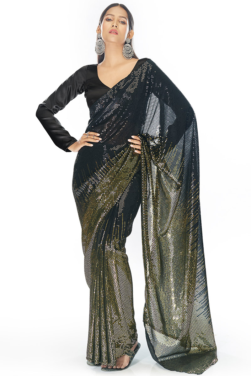 Georgette Saree with Sequins Embroidery in Dark Black for Party 