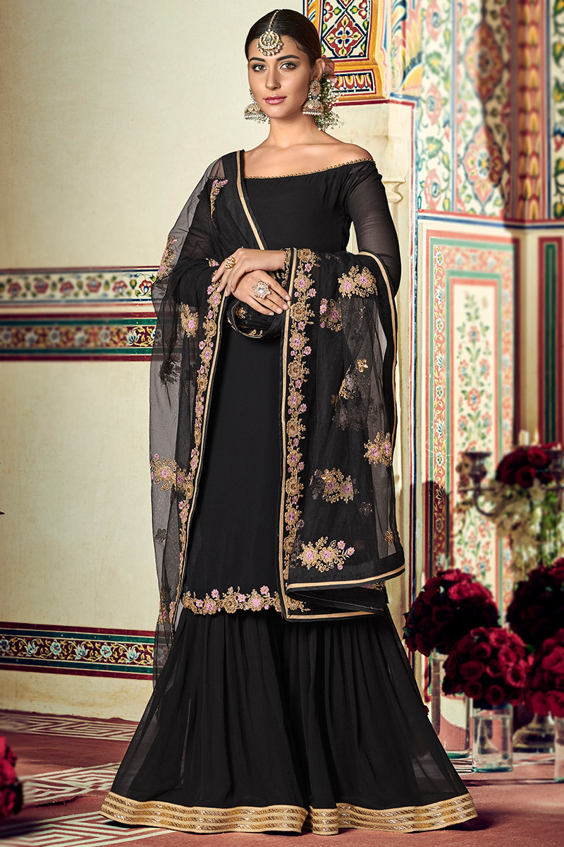 Dark Black Georgette Embroidered Sharara Suit LSTV118659
