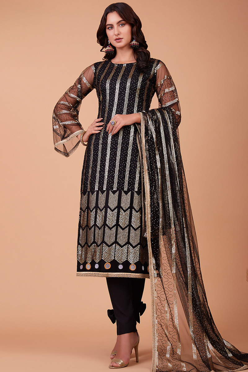 Dark Black Net Embroidered Trouser Suit