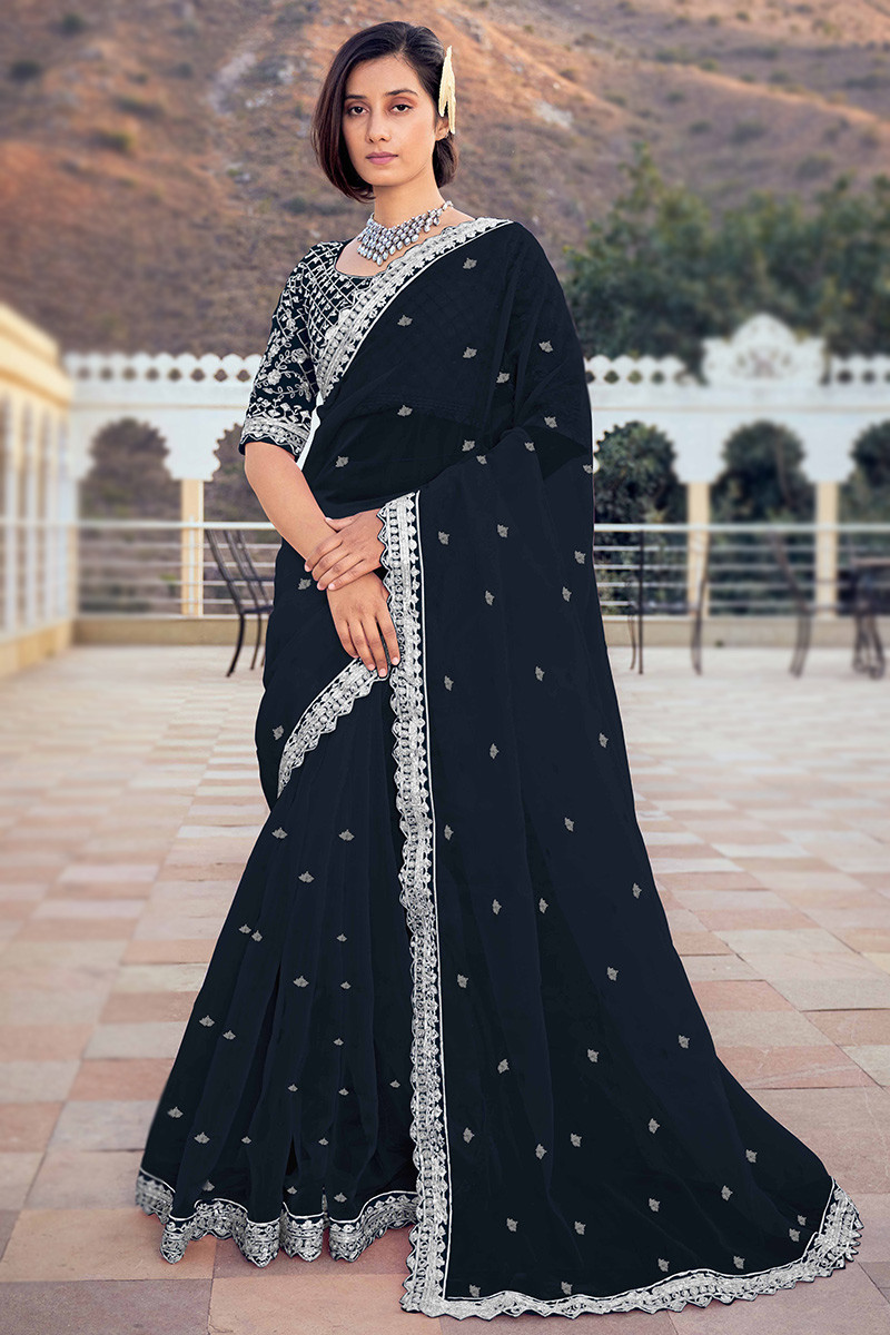Dark Navy Blue Organza Embroidered Saree SARV151379