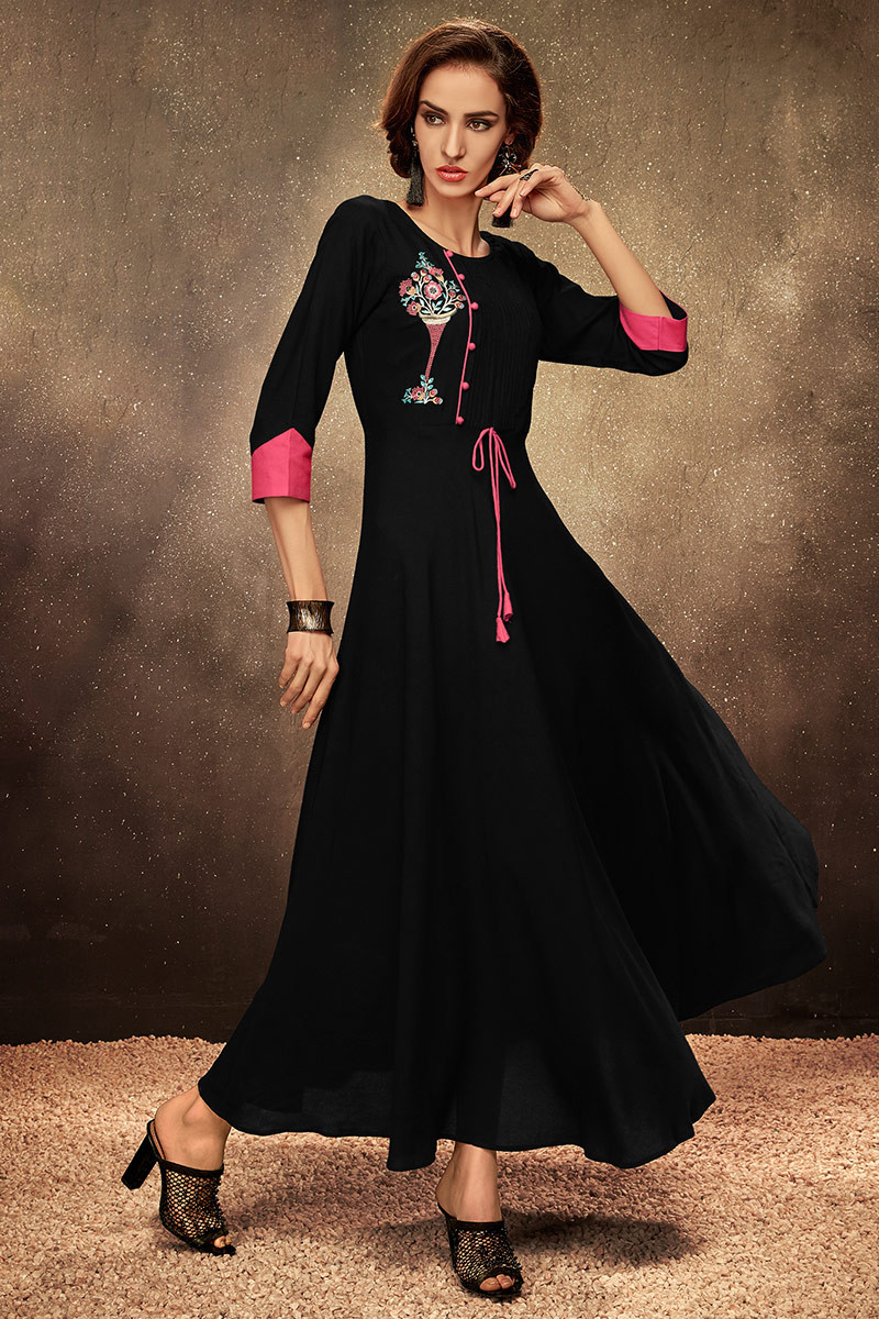 Buy Latest Style Dark Black Embroidered Kurti LKV002275