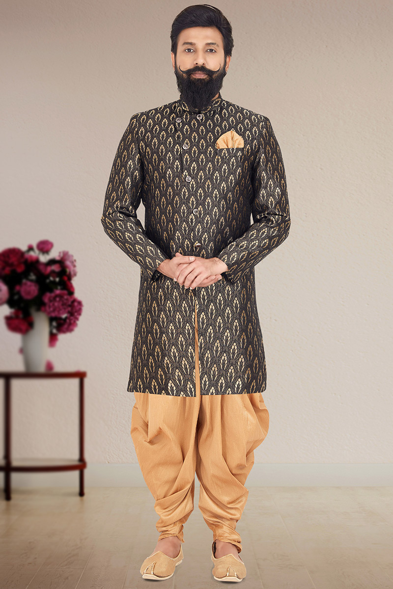 Dark Black Silk Straight Cut Men Sherwani