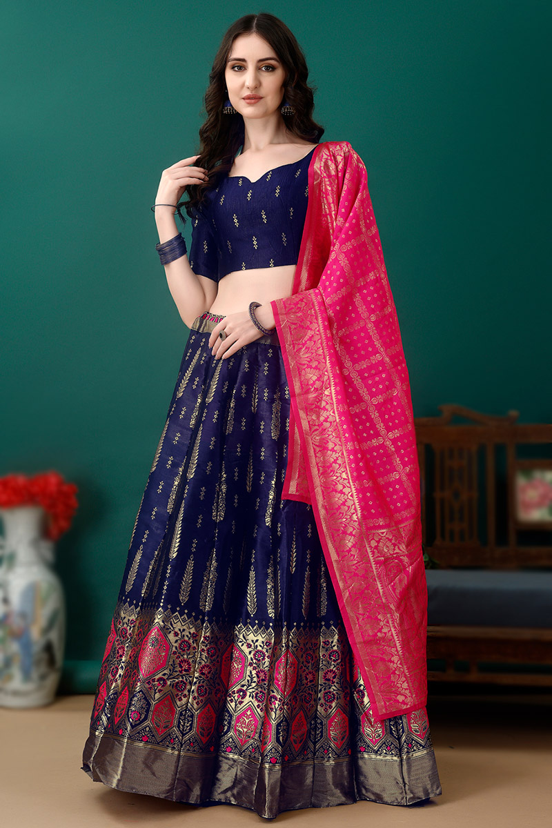 Dark Blue Art Silk Woven Zari Panelled Style Lehenga