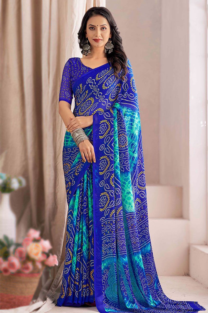 Blue Bandhani Saree with Zari border