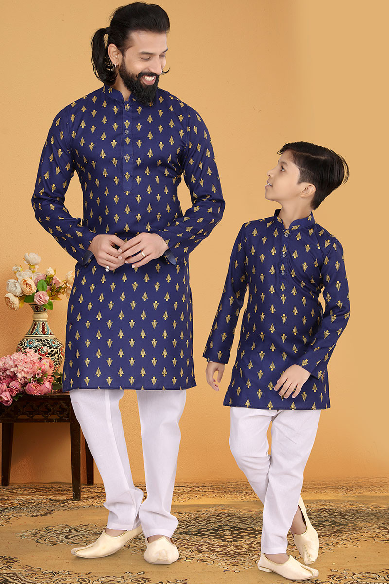 New Arrival Dark Blue Cotton Father Son Duo Kurta With Churidar MKPA03023