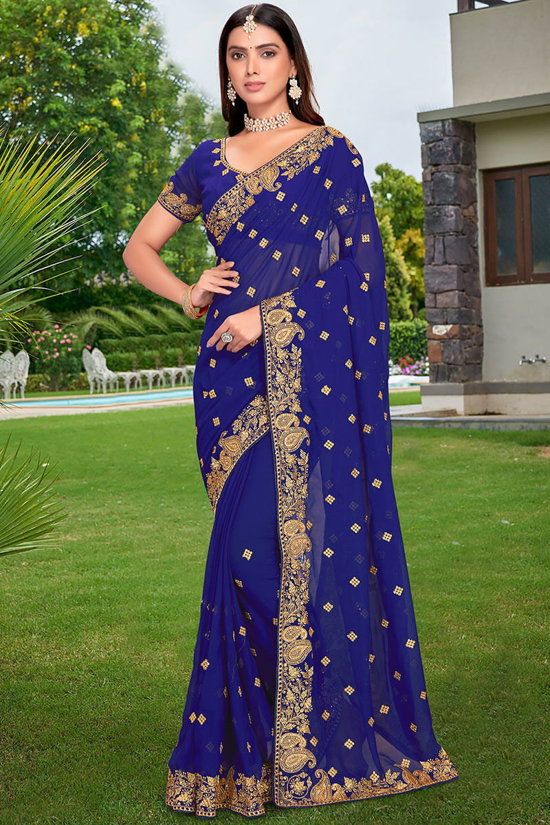 Designer Indian Georgette Embroidered Saree, Navy Blue Saree, Wedding Saree  for Women, Traditional Saree -  New Zealand