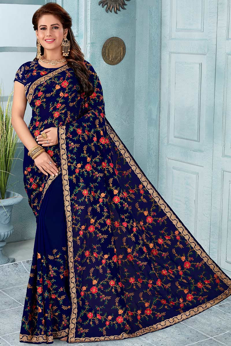 Faux Georgette Resham Work Saree buy online -