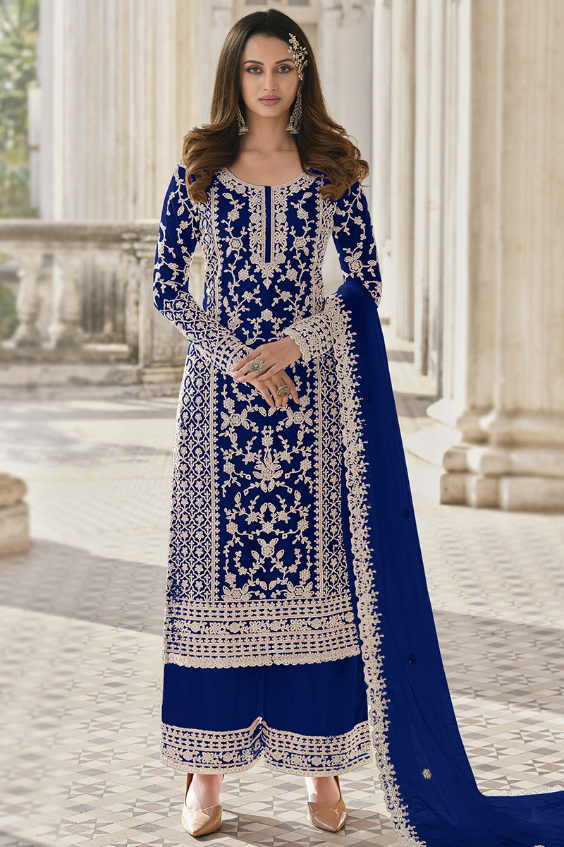 Dark Blue Net Straight Cut Palazzo Suit