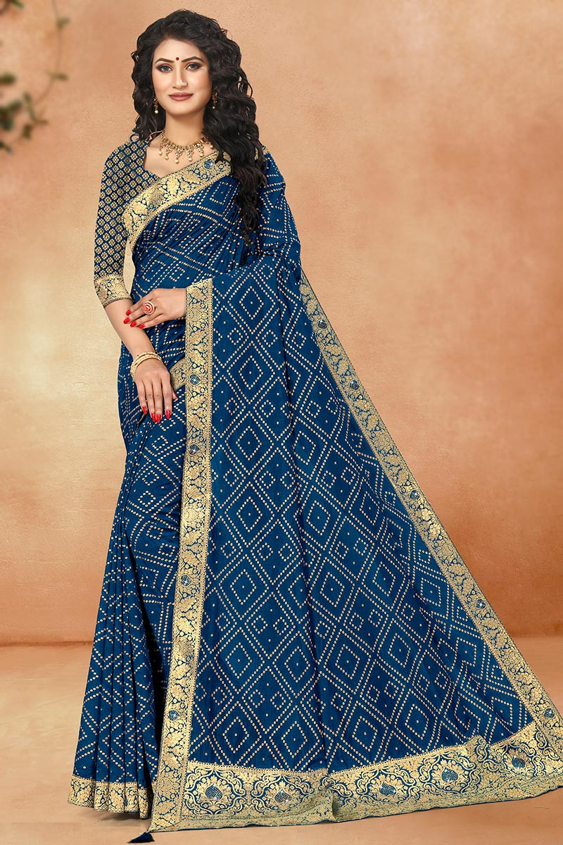 Dark Blue Rajasthani Bandhej Print Art Silk Saree