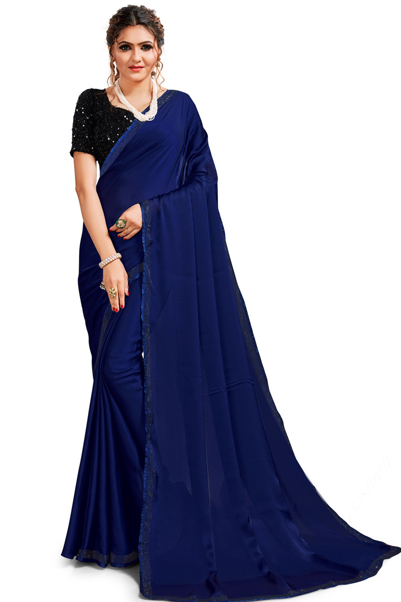 Buy Catalina Blue Satin Crepe Saree online-Karagiri