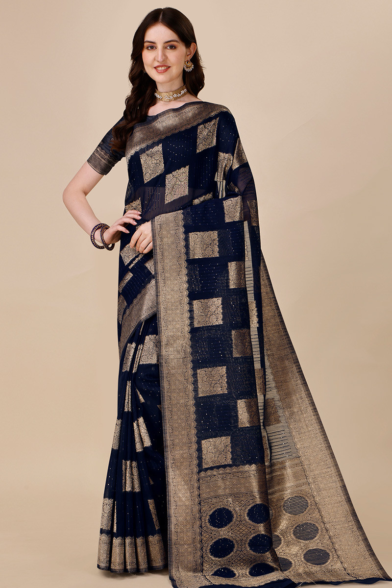 dark blue silk linen woven zari broad border saree sarv162626 1