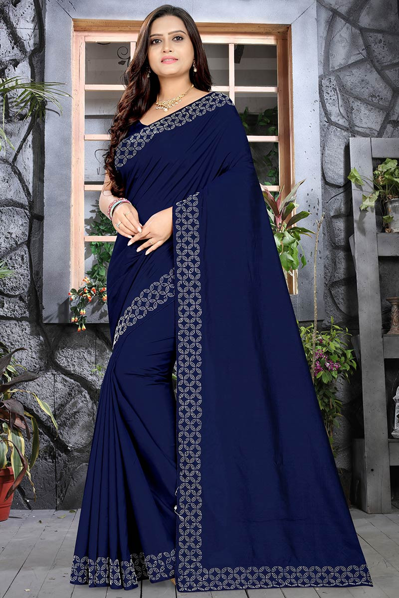 HOUSE OF BEGUM Womens Royal Blue Banarasi Satan Plain Silk Blend Saree –  F2FMART.com
